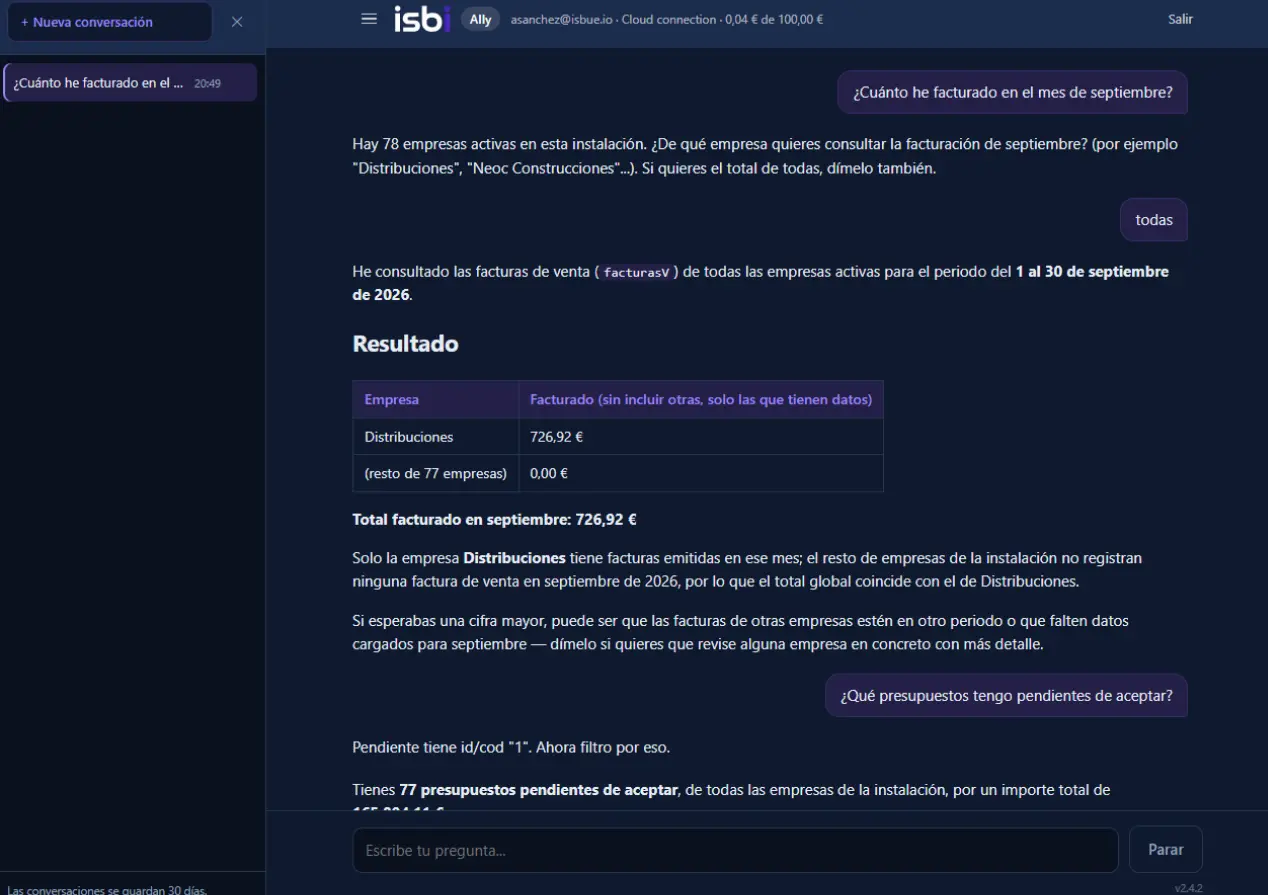 Ally responde a una consulta sobre la facturación de septiembre con una tabla de importes y el total facturado.